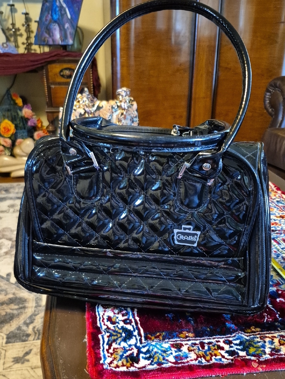 Caboodles Black Quilted  Patent Makeup Case Multi Compsrtments.
